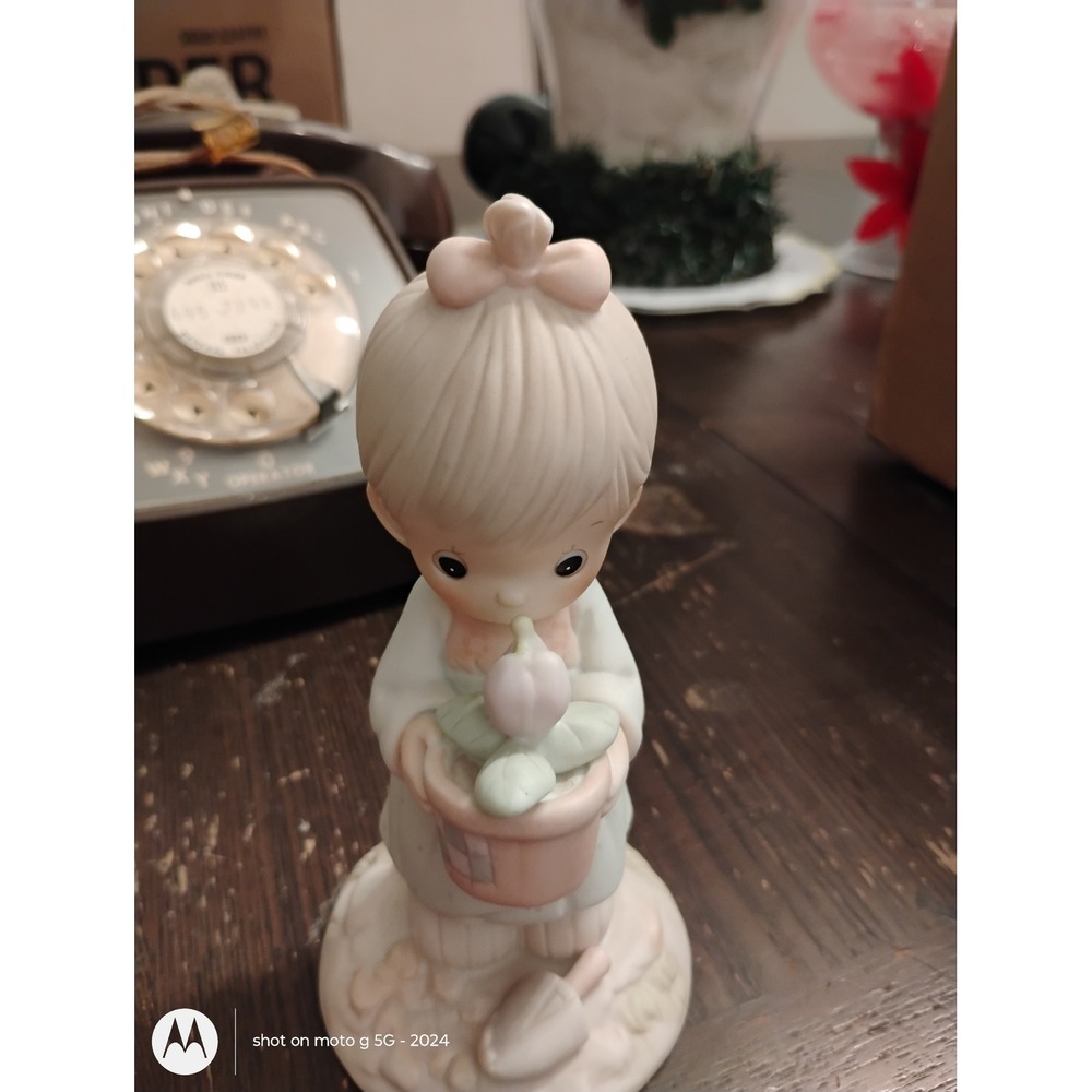 Precious Moments Girl with Potted Plant and Shovel Porcelain Figurine Pastel